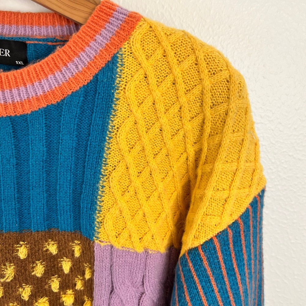 Cider Oversized Patchwork Sweater XL Whimsigoth Indie Granola Chunky Colorful 3D - Picture 3 of 10